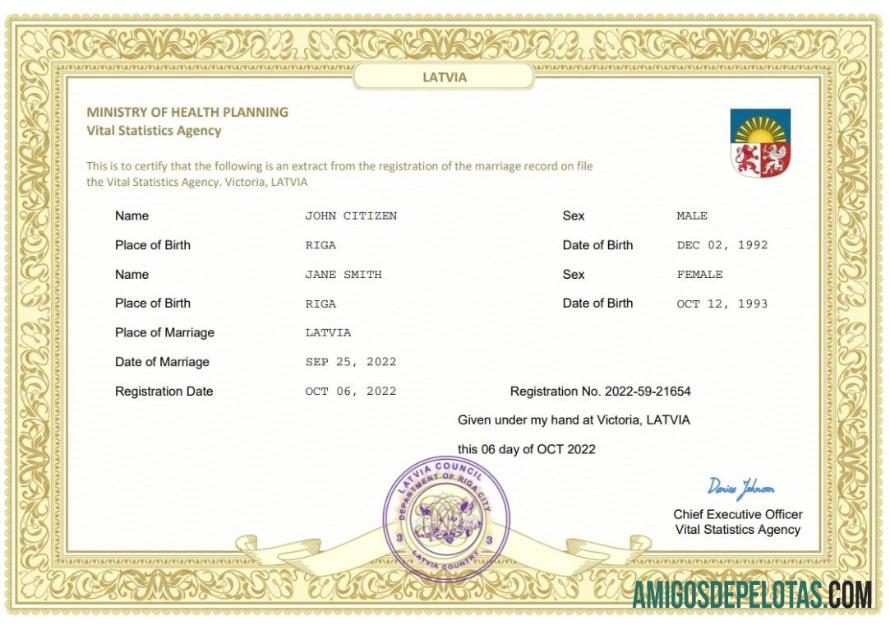 Em branco modelo Word e PDF de certidão de casamento da Letônia